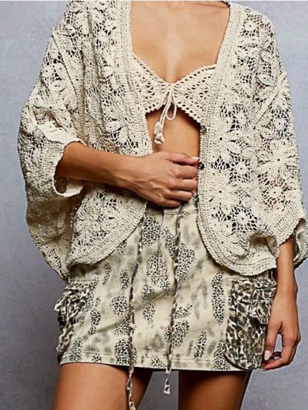 POL tan crochet cardigan boho bohemian festival feminine y2k western fits XS S M